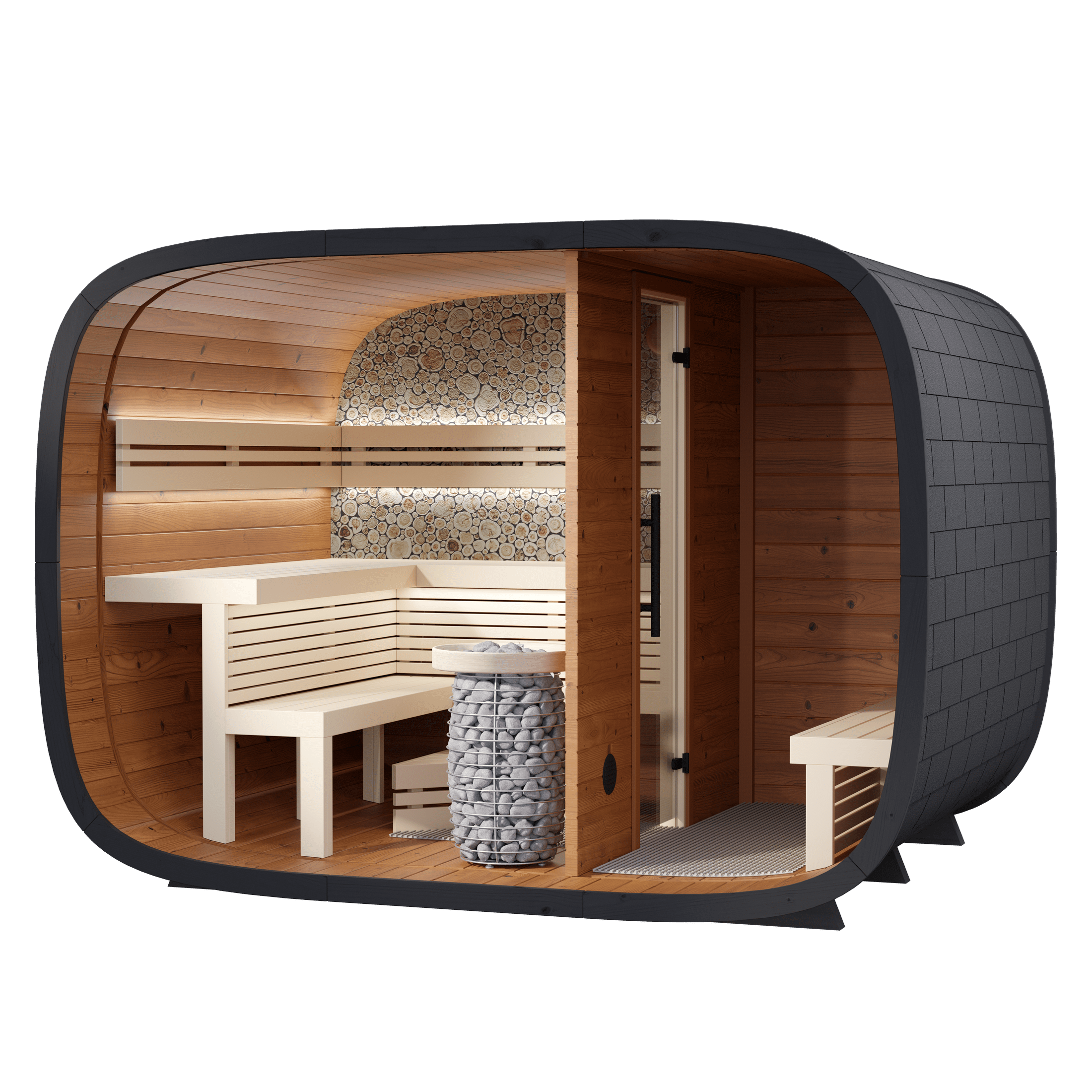 Leil Round Cube Double Outdoor Sauna with Changing Room 5-6 Person