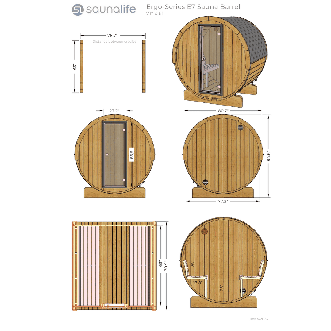 SaunaLife Model E7G 4 Person Barrel Sauna w/ Glass Front