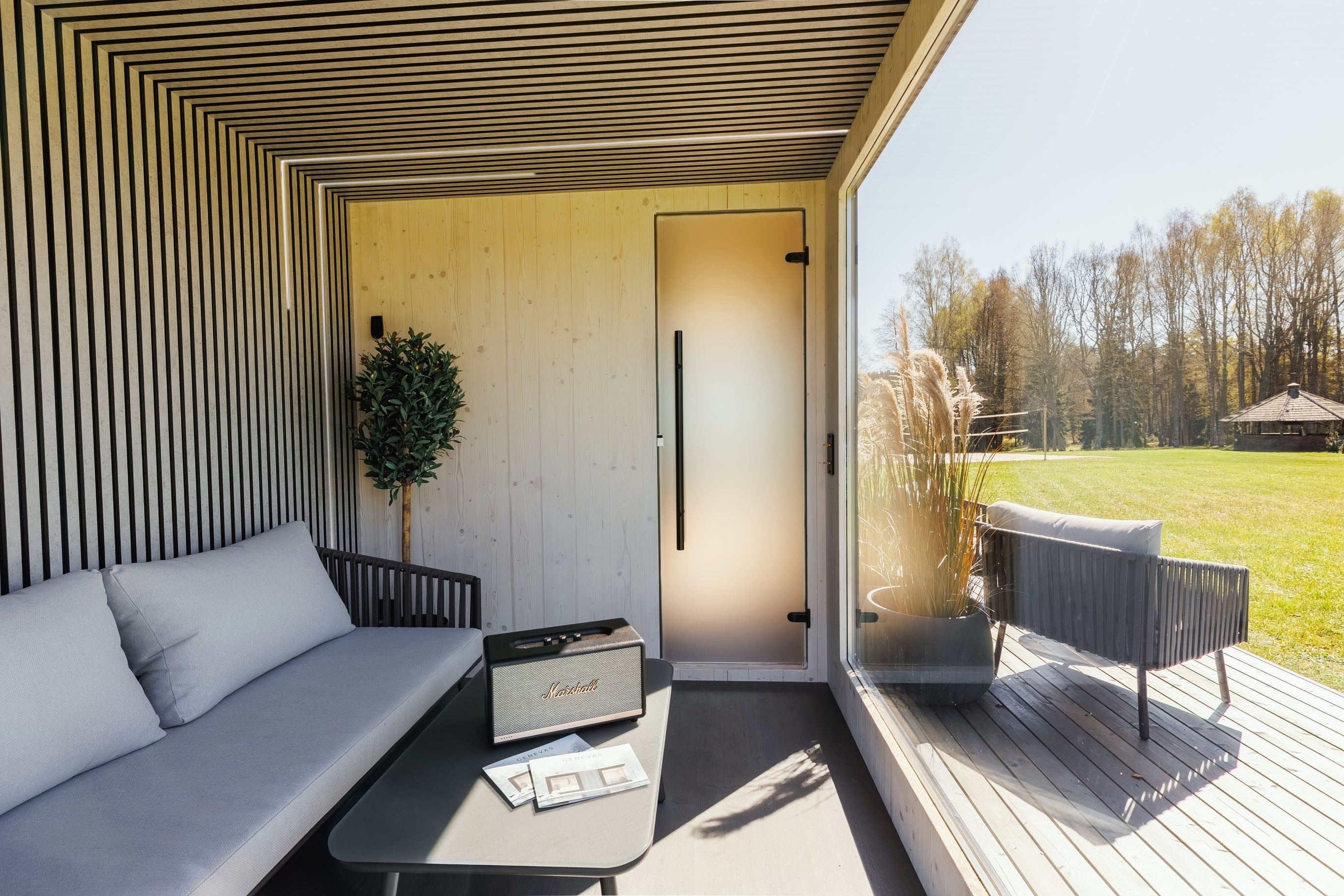 Genevas St. Moritz Pre-Assembled Outdoor Sauna with Lounge & Shower Cabin