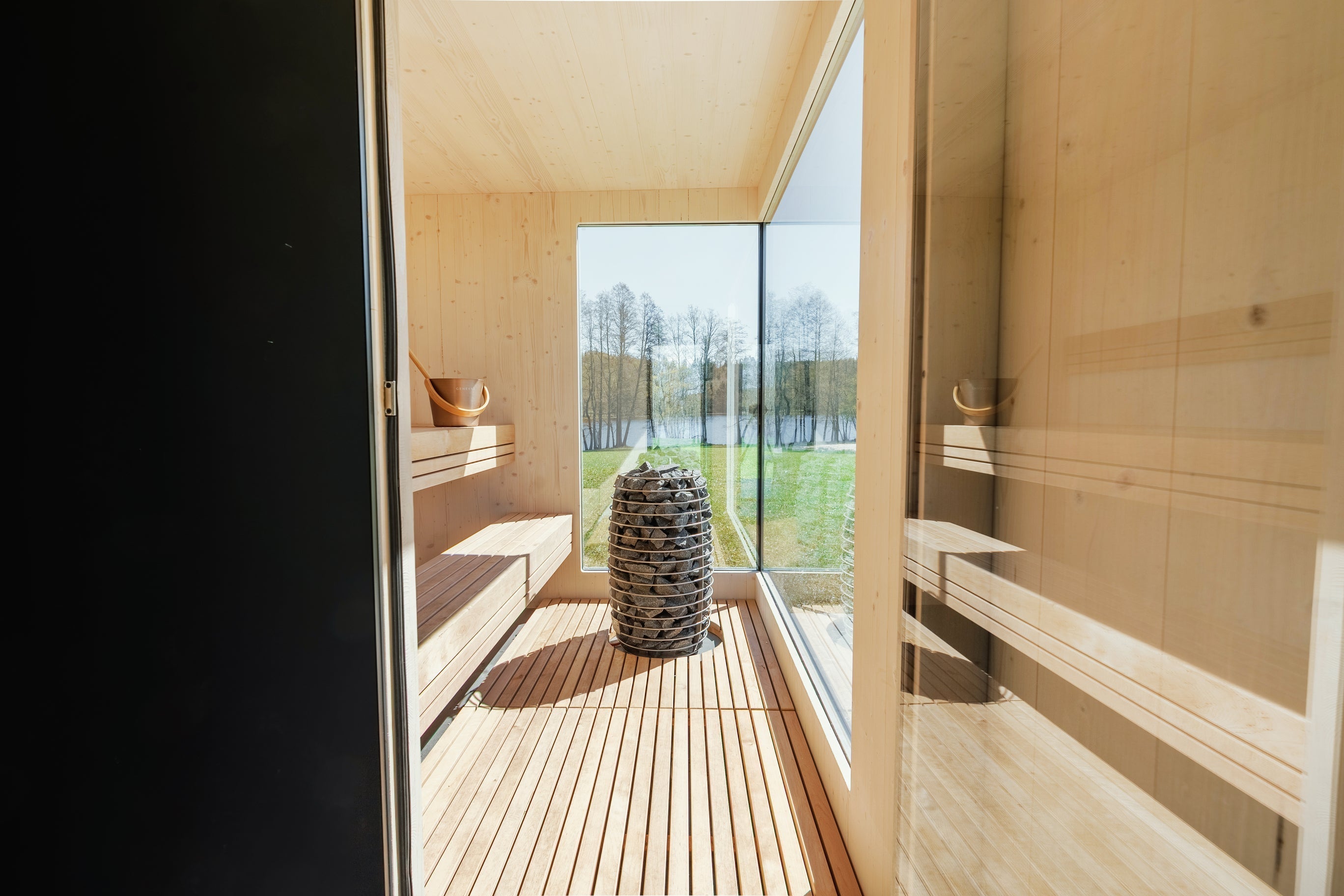 Genevas St. Moritz Pre-Assembled Outdoor Sauna with Lounge & Shower Cabin